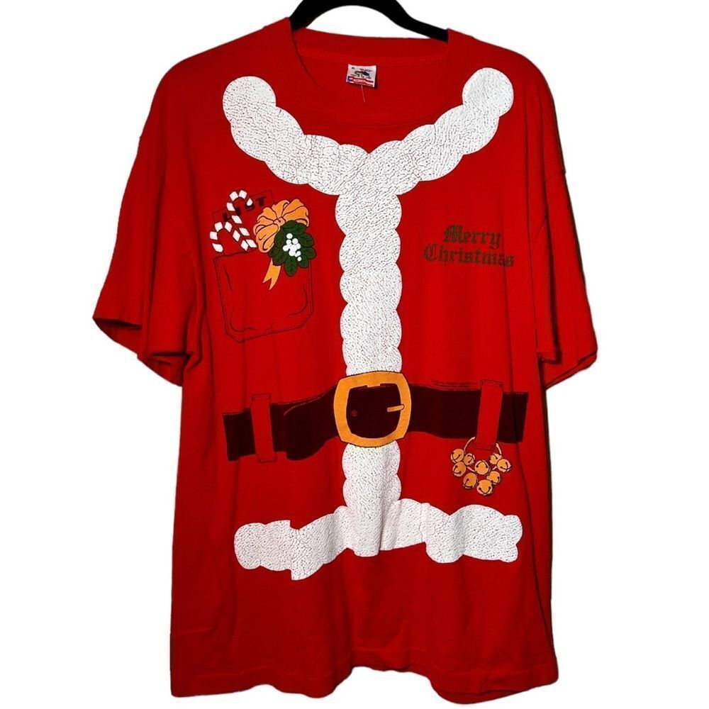 Vintage 1980 Fruit Of The Loom Santa Suit Red Single Stitch Tshirt‎ Men’s XL